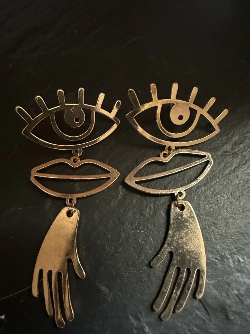 Surrealist Gilded All-Seeing Eye, Lip & Hamsa Hand Protection Drop Earrings